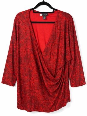 Rafaella Woman 3X Plus Red Black Floral Draped Surplice V Neck 3/4 Sleeve Blous